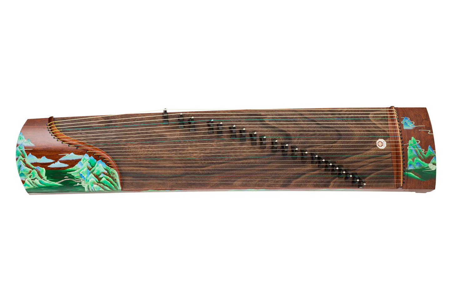 青山遠黛 'Distant Blue Mountains and Hills' Hand-Carved Hollowed-Out Guzheng with Hand-Painted Piano Lacquer Finishing on Kevazingo 高山巴花手绘钢琴烤漆亮面挖筝