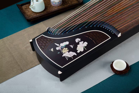 亭亭玉立 'Poised Elegance' Professional Collection Guzheng with Mother of Pearl Inlay and Wood Cut-Out Design on Ebony 黑檀木镂空贝雕精品系列古筝