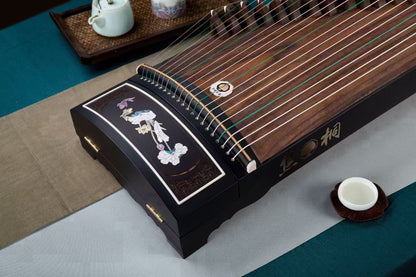 亭亭玉立 'Poised Elegance' Professional Collection Guzheng with Mother of Pearl Inlay and Wood Cut-Out Design on Ebony 黑檀木镂空贝雕精品系列古筝