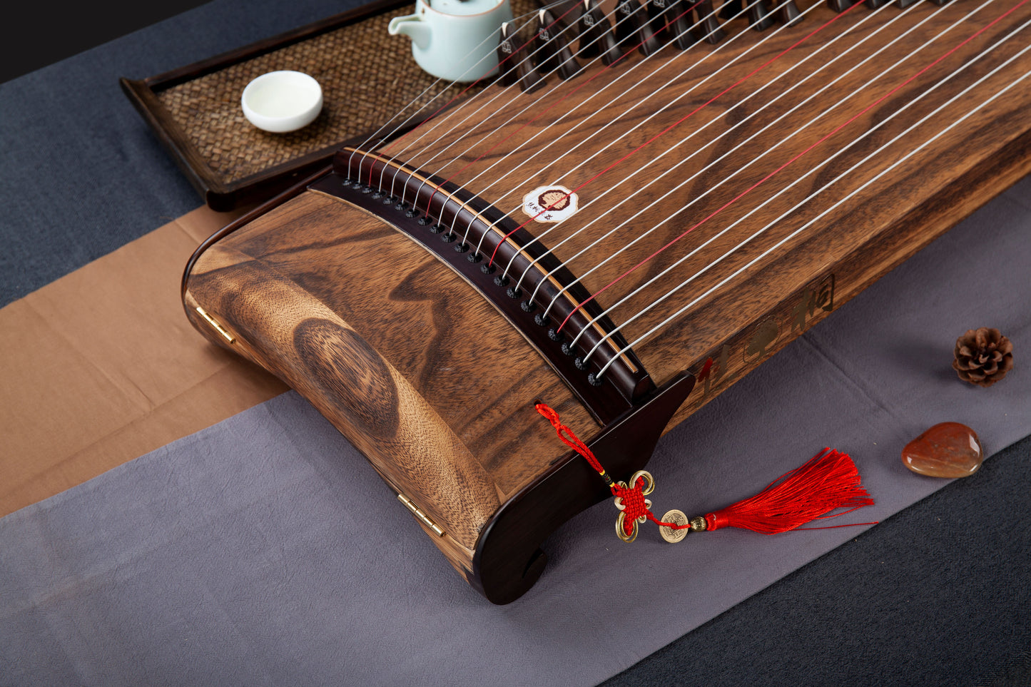 夢回唐朝 'Dreaming of the Tang Dynasty' Hand-Carved Hollowed-Out Guzheng with Decorative Teak and Ebony 金丝柚木黑檀木挖筝