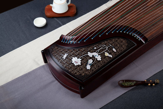 蓮夢恬園 'Dreaming of Lotus in the Garden' Concert Grade Guzheng with Mother of Pearl Inlay and Wood Cut-Out Design on Indian Rosewood 阔叶黄檀镂空贝雕演奏级古筝