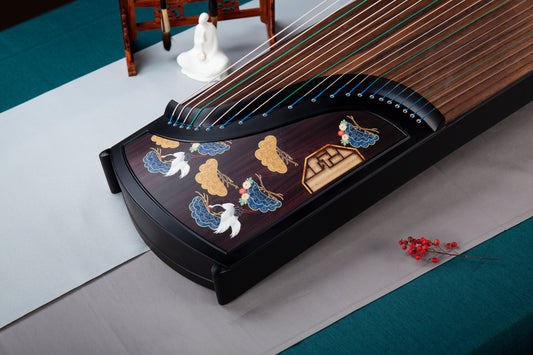 鶴舞祥雲 ‘Cranes Dancing among Auspicious Clouds’ Professional Collection Guzheng with Painted Wood Cut-Outs on Ebony 黑檀木镂空彩绘精品系列古筝