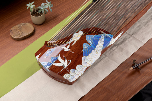 鶴瀾 'Cranes in Waves' Hand-Carved Hollowed-Out Guzheng with Hand-Painted Piano Lacquer Finishing on Kevazingo 高山巴花手绘钢琴烤漆亮面挖筝