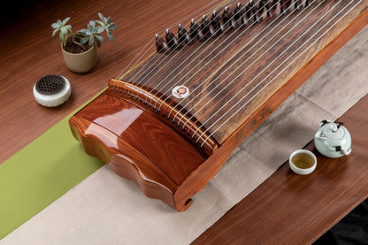 南國 'Southern Country' Hand-Carved Hollowed-Out Guzheng with Piano Lacquer Finishing on Burmese Teak 金丝柚木钢琴烤漆亮面挖筝