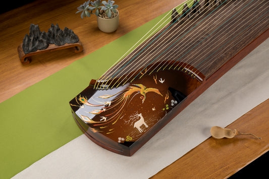 靈鳳遇鹿 'The Phoenix Encounters a Deer' Hand-Carved Hollowed-Out Guzheng with Hand-Painted Piano Lacquer Finishing on Kevazingo 高山巴花手绘钢琴烤漆亮面挖筝