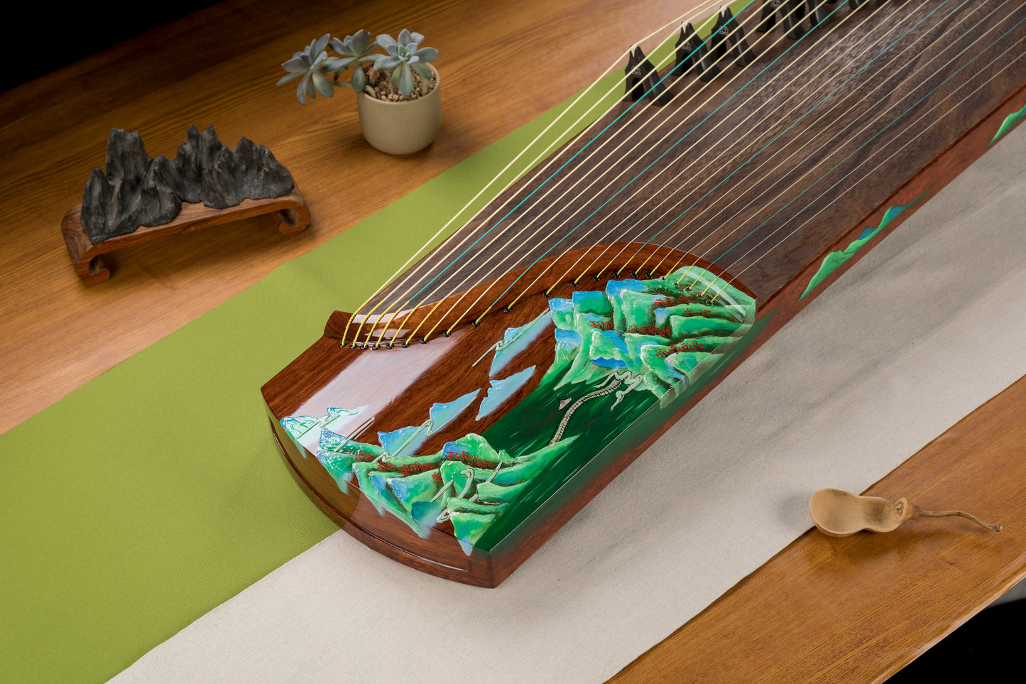 青山遠黛 'Distant Blue Mountains and Hills' Hand-Carved Hollowed-Out Guzheng with Hand-Painted Piano Lacquer Finishing on Kevazingo 高山巴花手绘钢琴烤漆亮面挖筝