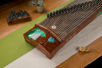 青山遠黛 'Distant Blue Mountains and Hills' Hand-Carved Hollowed-Out Guzheng with Hand-Painted Piano Lacquer Finishing on Kevazingo 高山巴花手绘钢琴烤漆亮面挖筝