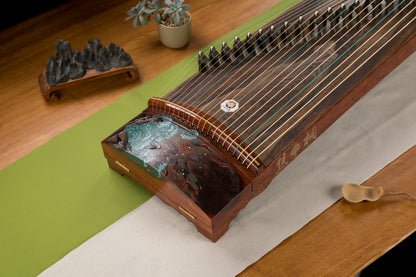 逐鹿 'Running Deer' Hand-Carved Hollowed-Out Guzheng with Hand-Painted Piano Lacquer Finishing on Kevazingo 高山巴花手绘钢琴烤漆亮面挖筝