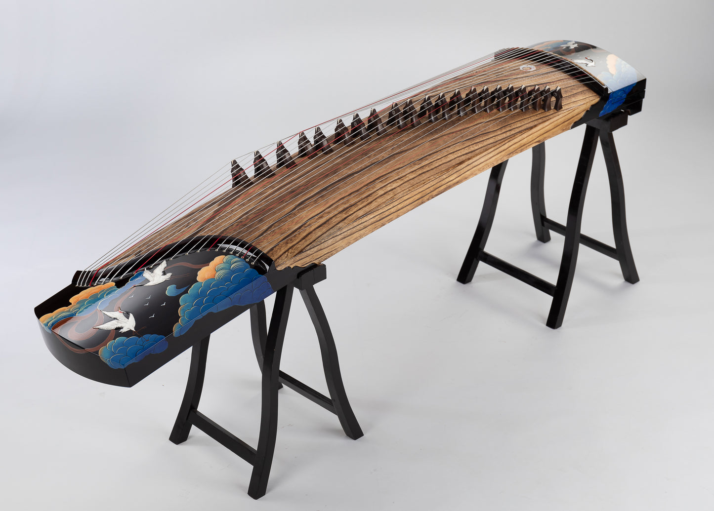 青雲直上 'Cranes Flying up to the Blue Sky' Hand-Carved Hollowed-Out Guzheng with Hand-Painted Piano Lacquer Finishing on Premium Ziricote 精选黑柿木手绘钢琴烤漆亮面挖筝