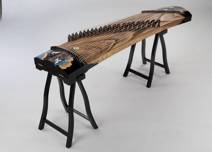 青雲直上 'Cranes Flying up to the Blue Sky' Hand-Carved Hollowed-Out Guzheng with Hand-Painted Piano Lacquer Finishing on Premium Ziricote 精选黑柿木手绘钢琴烤漆亮面挖筝