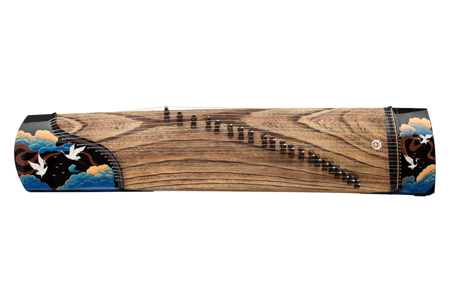 青雲直上 'Cranes Flying up to the Blue Sky' Hand-Carved Hollowed-Out Guzheng with Hand-Painted Piano Lacquer Finishing on Premium Ziricote 精选黑柿木手绘钢琴烤漆亮面挖筝